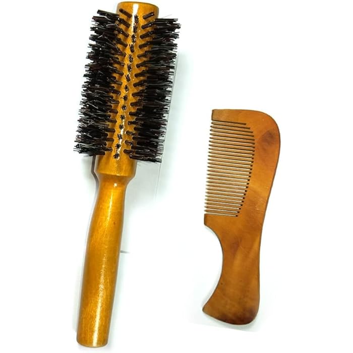Round Bristle Hair Styling Brush with Natural Wood Handle and Wood Comb (Large) - Image 2